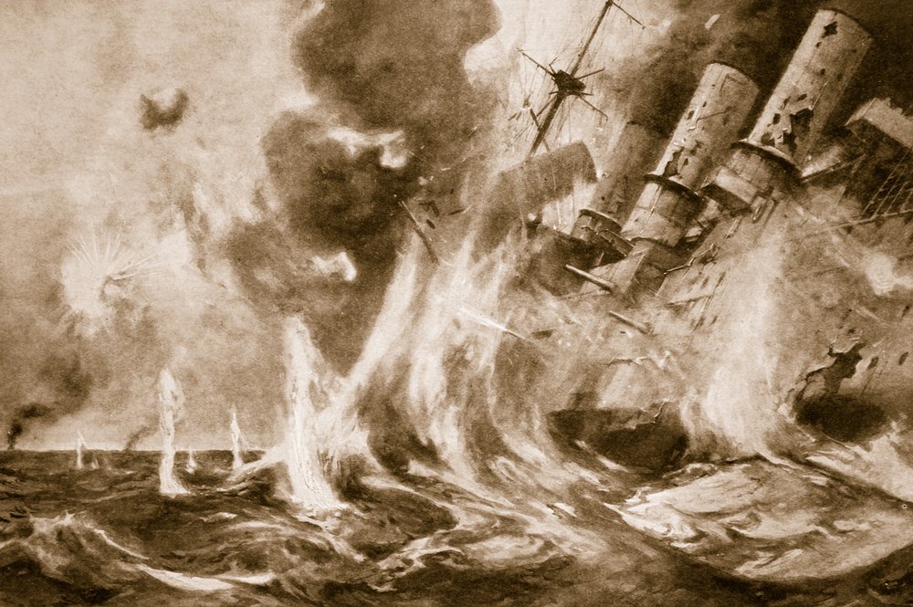 Wielkie brytyjskie zwycięstwo na Falklandach: niemiecki admirał ginie ze swoim okrętem flagowym, 1914-19 autorstwa English School