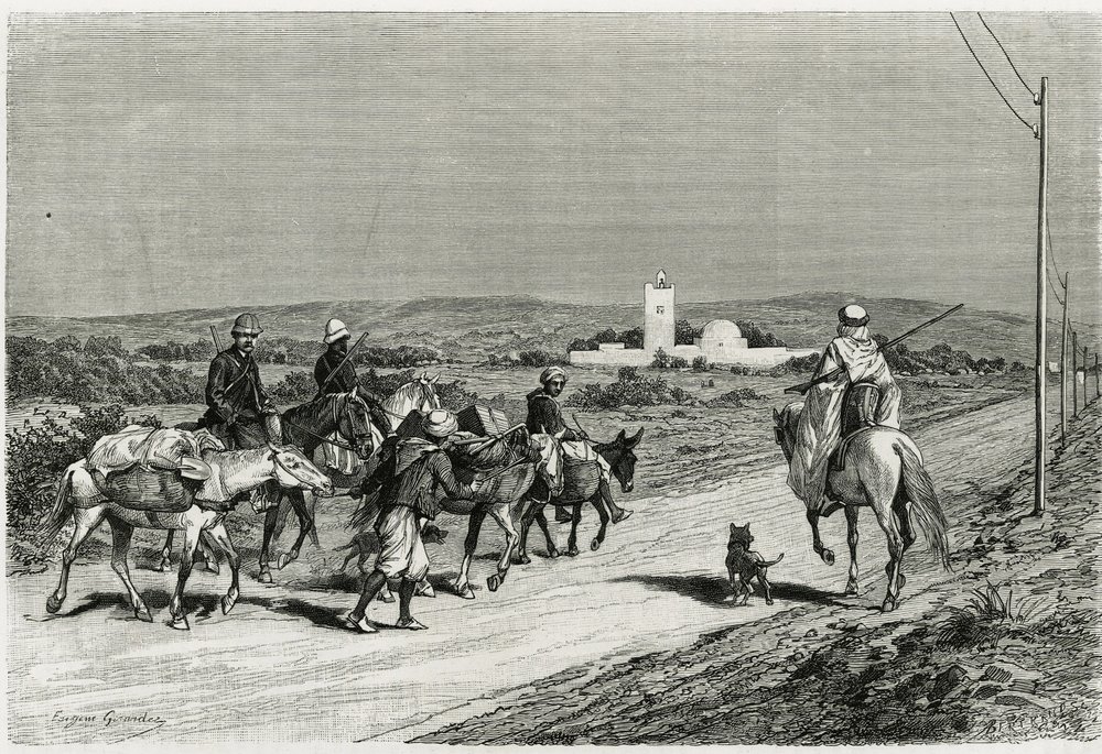 Nasza przyczepa jest w ruchu. Grawerowane przez Eugene Girardeta, aby zilustrować historię „Podróż w Tunisie”, autorstwa historyka Rene Cagnata (1852-1937) i architekta Henri Saladina (1851-1923), zlecone w latach 1882-1883 przez Ministerstwo Oświaty Publi autorstwa Eugene Alexis Girardet