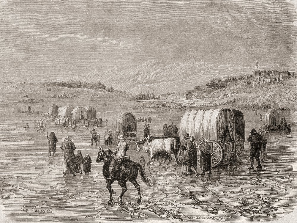 Pociąg wagonowy jadący na zachód w latach 60. XIX wieku, rytowany przez Stephane Pannemakera (1847-1930) autorstwa Eugene Antoine Samuel Lavieille