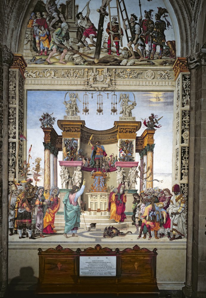 Św. Filip egzorcyzmujący demona ze świątyni Marsa, południowa ściana kaplicy Strozzi, ok. 1497-1502 autorstwa Filippino Lippi