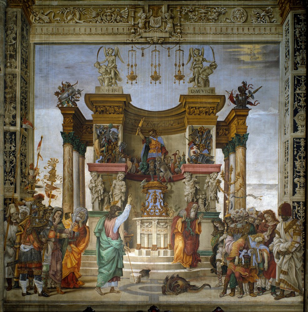 Święty Filip wypędza smoka ze świątyni w Hierapolis. Fresk Filippina Lippiego (1457-1504), 1487-1502, kaplica Strozzi, Santa Maria Novella, Florencja autorstwa Filippino Lippi