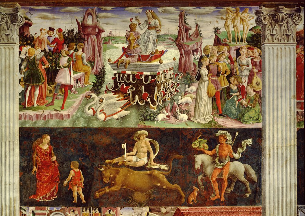 Triumf Wenus i znak Byka, sceny z miesiąca kwietnia, ok. 1470, Francesco del Cossa (ok. 1435-1477), fresk, ściana wschodnia, Sala Miesięcy, Palazzo Schifanoia (Pałac Radości), Ferrara, Emilia autorstwa Francesco del Cossa
