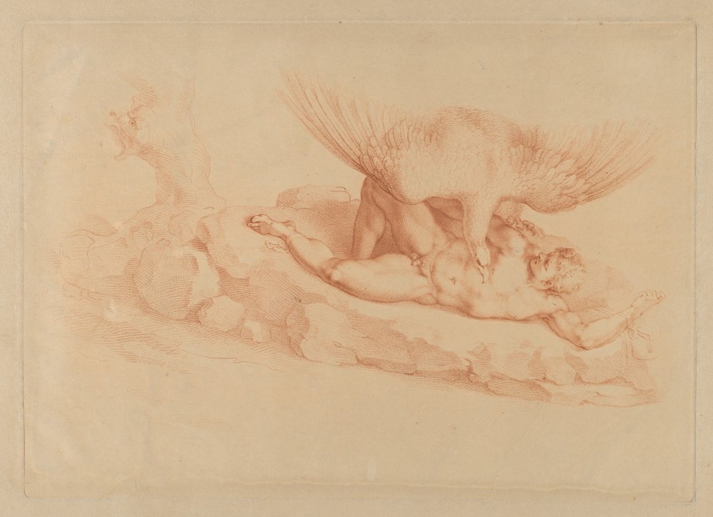 Prometeusz, nagi, przykuty do skały, patrzący na stojącego nad nim orła, 1795. autorstwa Francesco Bartolozzi