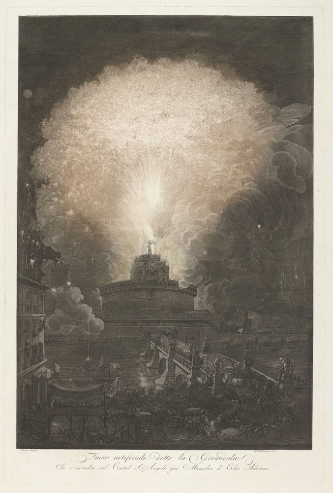 Girandola w Zamku Świętego Anioła Fajerwerki w Zamku Świętego Anioła Fuoco Artificial detto la Girandola (tytuł na obiekcie) autorstwa Francesco Piranesi