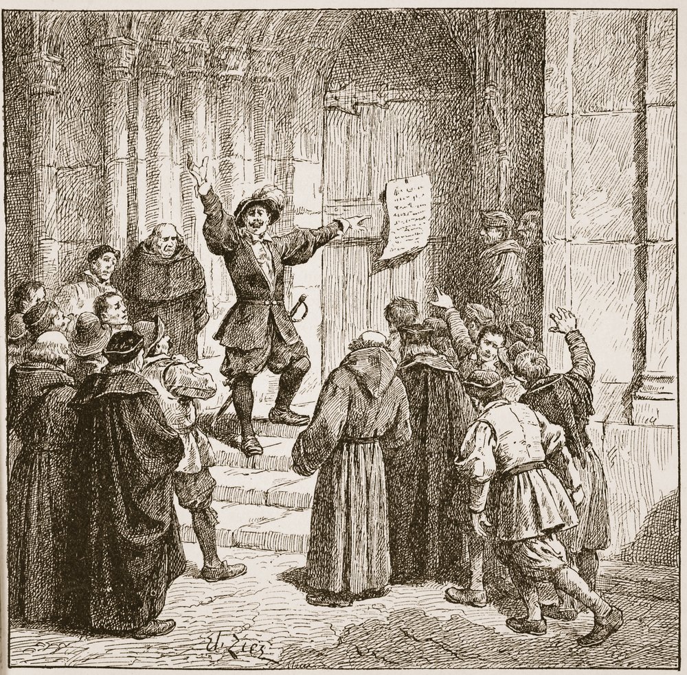 Aske umieszcza swoją proklamację na drzwiach katedry w Yorku, ilustracja z „Kościoła anglikańskiego: historia dla ludu” autorstwa H.D.M. Spence-Jones, wyd. ok. 1910 (zdjęcie w sepii) autorstwa Francois Edouard Zier