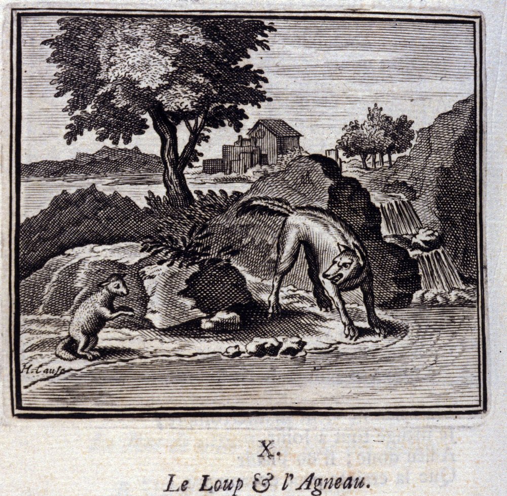 Wilk i Baranek. Bajki Jean de La Fontaine (1621-95). Ilustracja François Chauveau (1613-1676). Wydanie z 1728 r. autorstwa Francois Chauveau