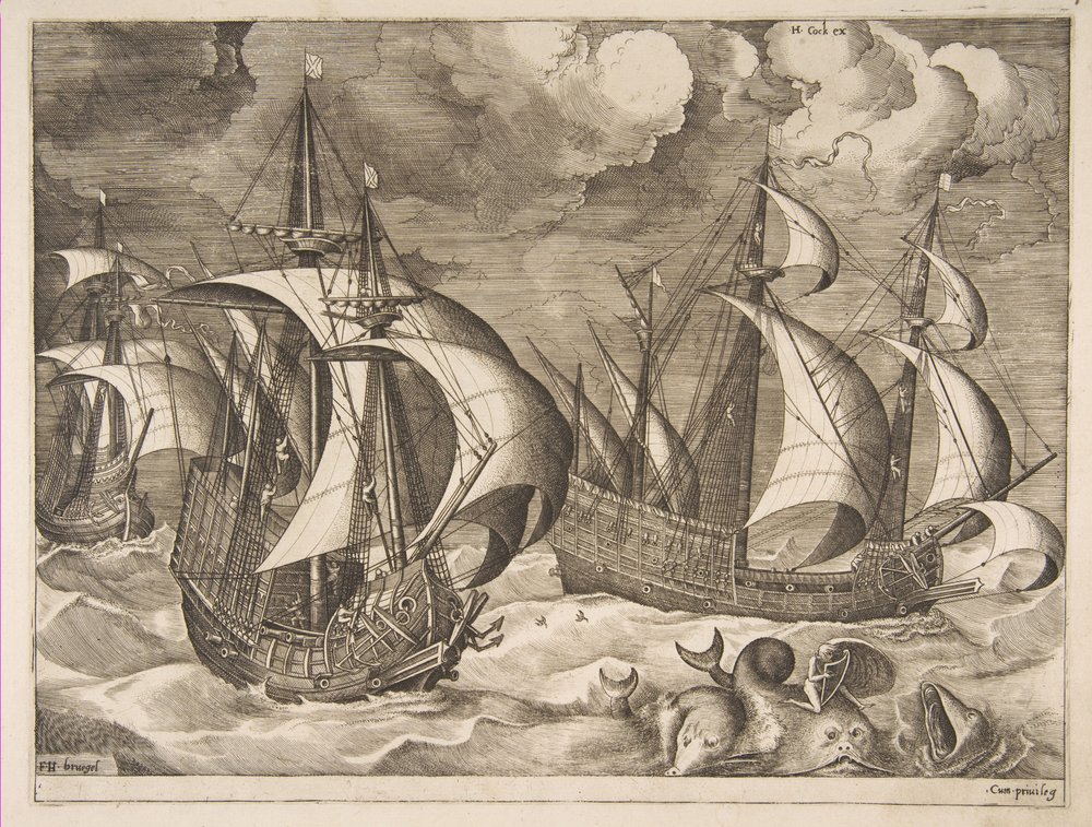 Trzy karawele podczas narastającego szkwału z Arionem na delfinie z filmu „Żaglujące statki”, 1561-65. autorstwa Frans Huys