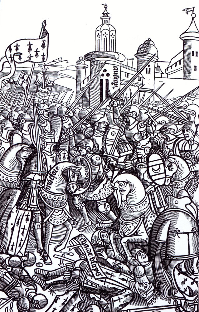 Bitwa pod Auray, z „Chroniques de Bretagne” Alaina Boucharda, opublikowana 1514 autorstwa French School