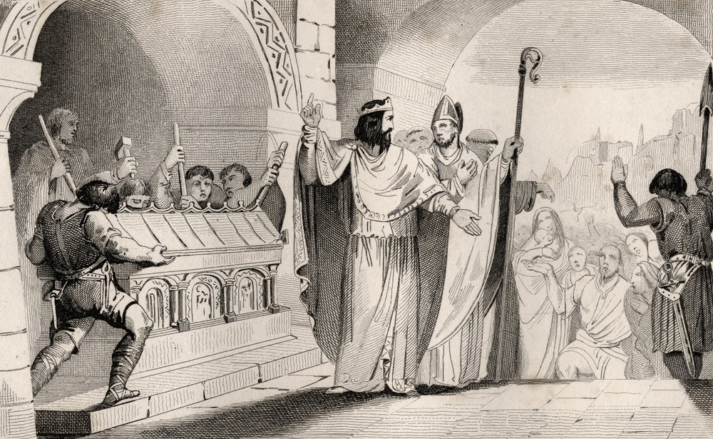 Clovis II (635-57) Sprzedaż srebra i złota z sanktuarium nakarmić ubogich, z „Histoire de France” Colarta, wydanej ok. 1840 r. autorstwa French School