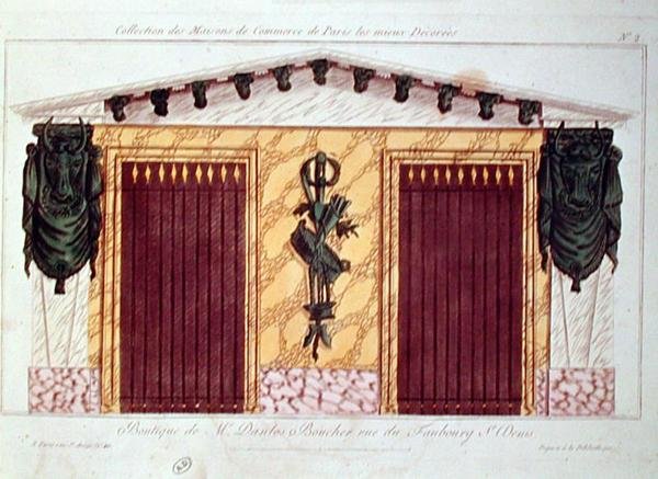 Projekt elewacji sklepu mięsnego z serii przedstawiającej najlepiej zdobione budynki handlowe w Paryżu, ok. 1810 r. (kolor lito) autorstwa French School