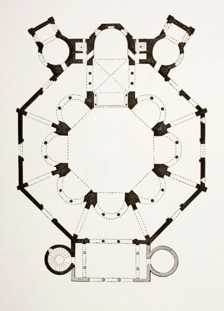 Plan bizantyjskiego kościoła San Vitale w Rawennie we Włoszech z VI wieku, z Les Arts au Moyen Age, wydanego w 1873 roku autorstwa French School