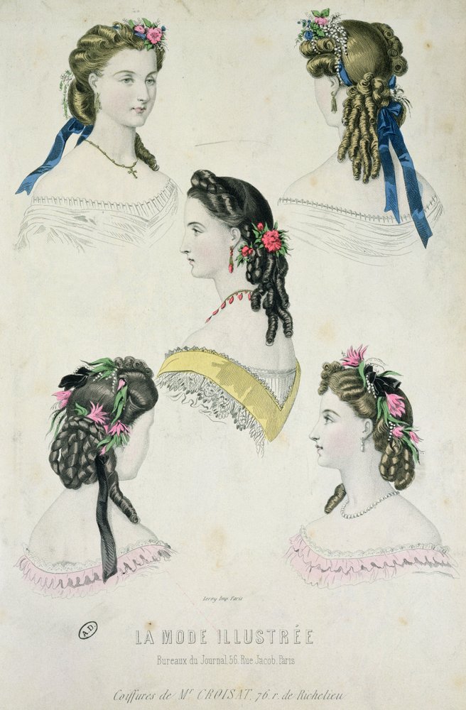 Fryzury Monsieur Croisat, z La Mode Illustrée, 1865 autorstwa French School