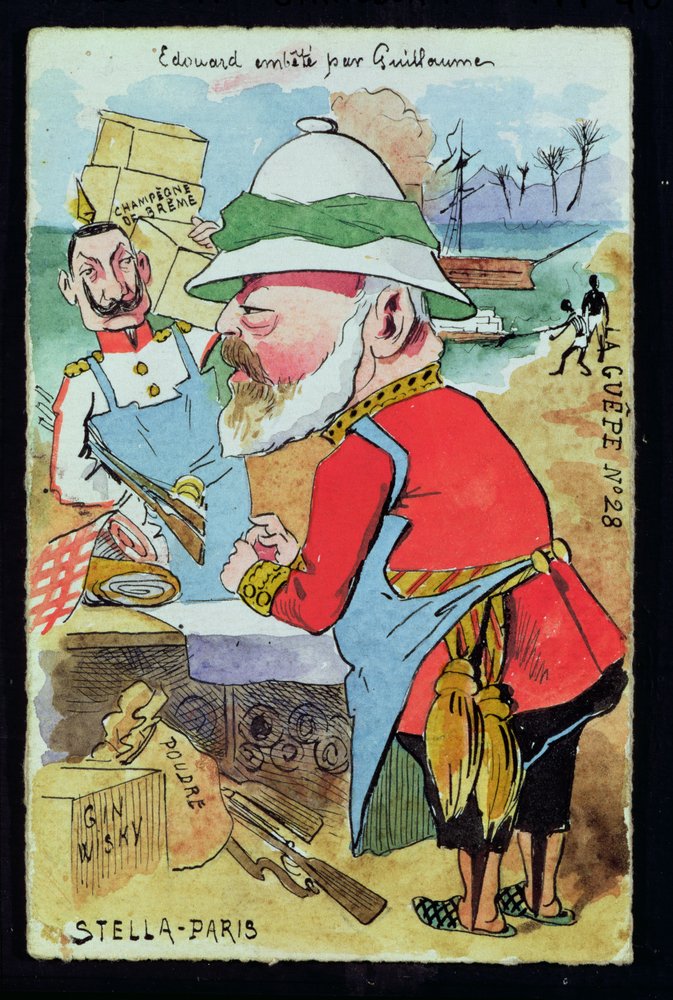 Król Edward VII (1841-1910) prześladowany przez cesarza Wilhelma II (1859-1941) z Les Guepes, ok. 1890 (pióro i atrament i toaleta na papierze) autorstwa French School