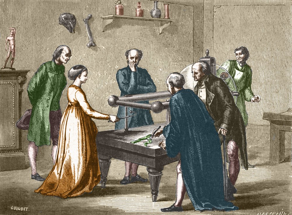 Luigi Galvani, profesor w Bolonii, odkrył w 1780 r. drażliwość mięśni żaby pod wpływem elektryczności - w „Albumie Nauki; wybitni naukowcy; Wielkie odkrycia”” 1896. autorstwa French School