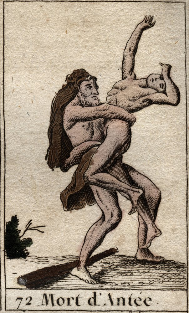 Reprezentacja Herkulesa Terrassanta Ante, króla Libii (Herakles (Herkules) zabijający Anteusza niedźwiedzim uściskiem) Z „Mitologii młodości” Pierre Blancharda 1803. autorstwa French School