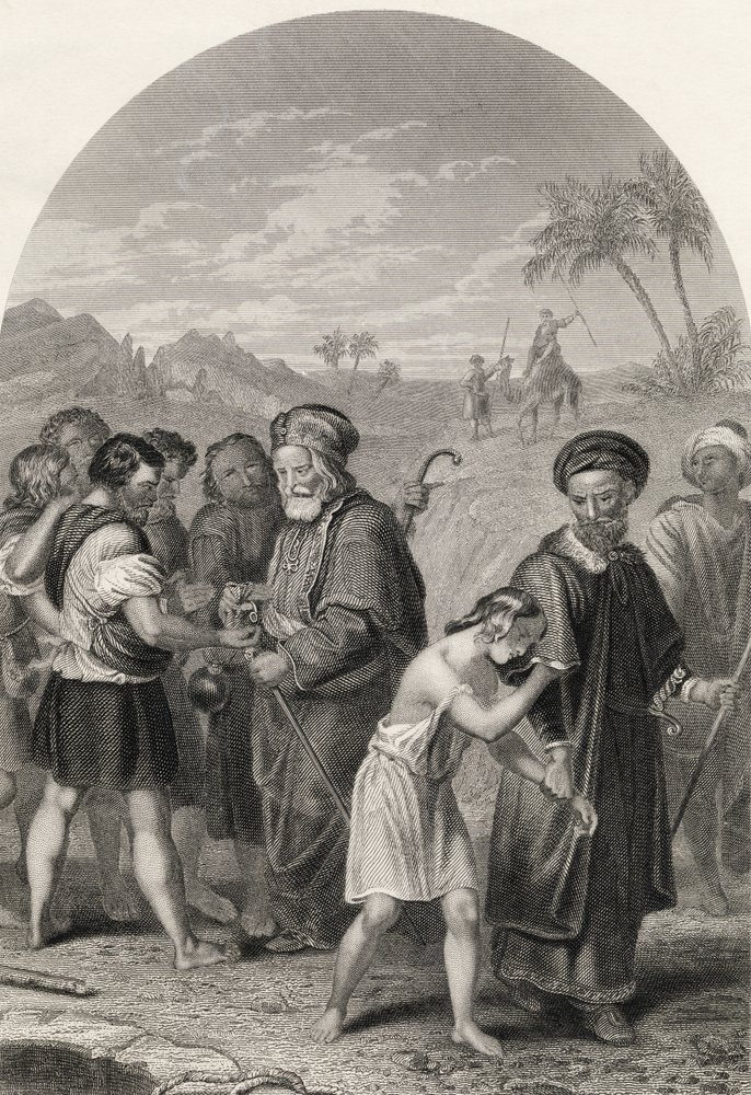 Józef sprzedany przez braci, wygrawerowany przez S. Allena, z "The National Illustrated Family Bible", opublikowanej ok. 1870 r. (litografia) autorstwa Friedrich (after) Overbeck