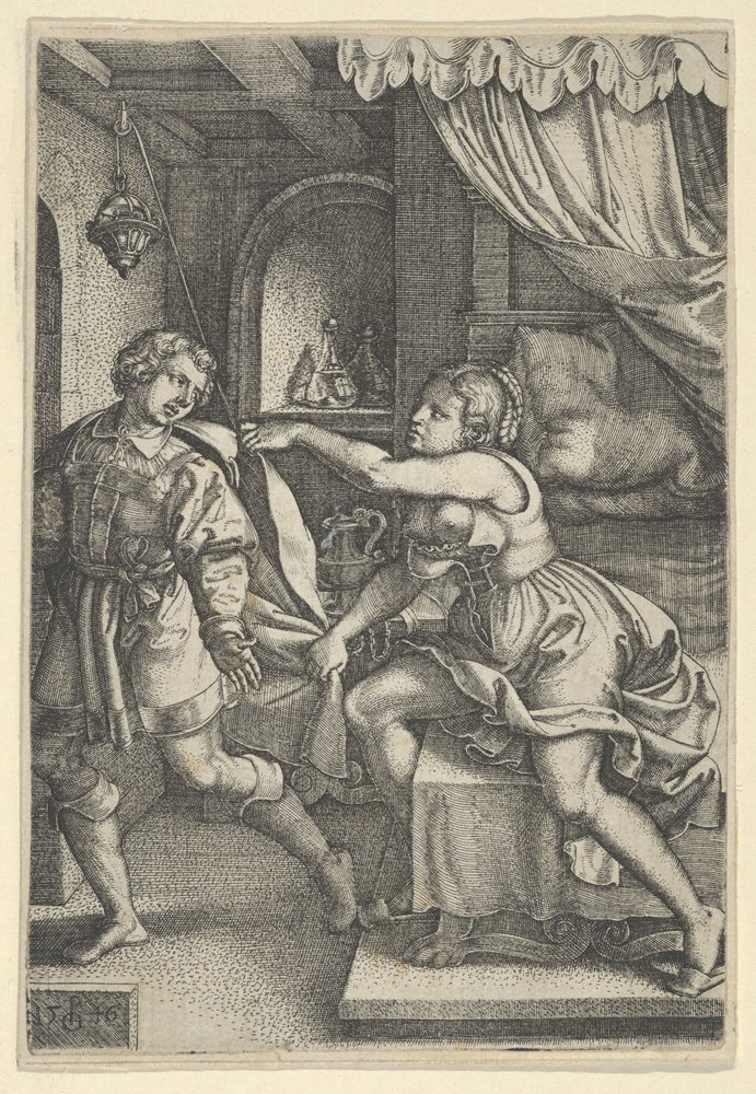 Józef i żona Potyfara, z Historii Józefa, 1546. autorstwa Georg Pencz