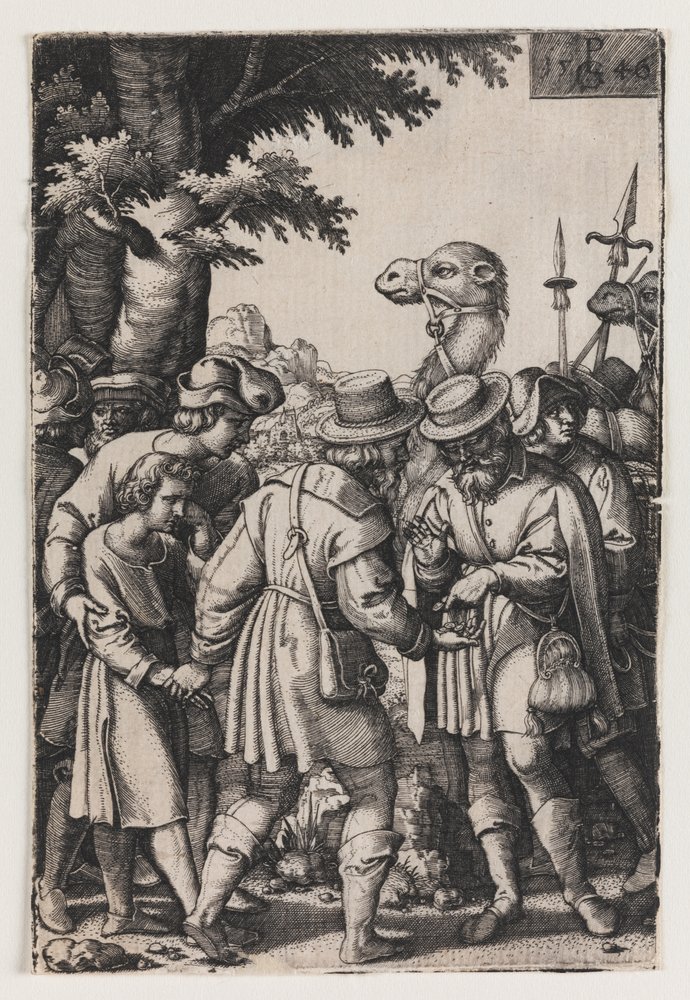 Historia Józefa, Józef sprzedany przez braci, pierwsza połowa XVI wieku (rycina) autorstwa Georg Pencz