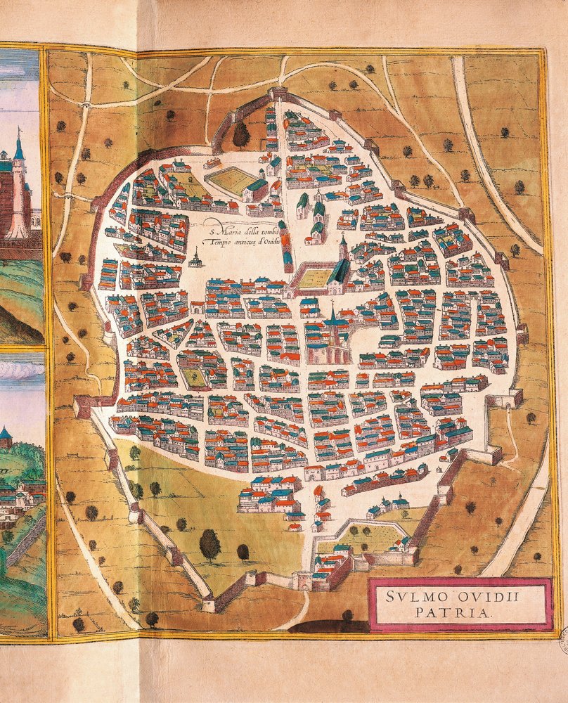 Włochy, Sulmona, miasto Sulmona z Civitates Orbis Terrarum autorstwa Georga Brauna i Franza Hogenberga, rycina autorstwa Georg Braun and Hogenberg Franz