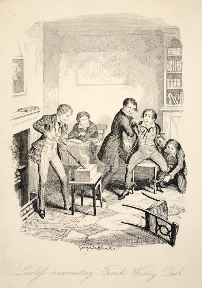 Lawleys ozdabiający biurko Franka, z książki Frank Fairlegh lub Sceny z życia prywatnego ucznia, wyd. ok. 1870 autorstwa George Cruikshank