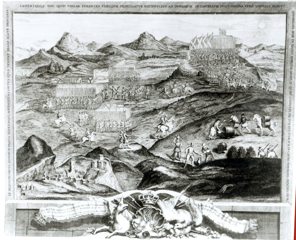 Tablica bitewna Carberry Hill niedaleko Edynburga z poddaniem się Maryi, królowej Szkotów konfederackim Lordom Szkocji i ucieczką hrabiego Bothwella w 1567, ryty przez artystę, 1743 ( autorstwa George Vertue