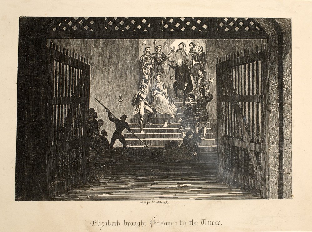 Elizabeth sprowadziła więźnia do Tower, z The Tower of London, wyd. 1840 autorstwa George Cruikshank