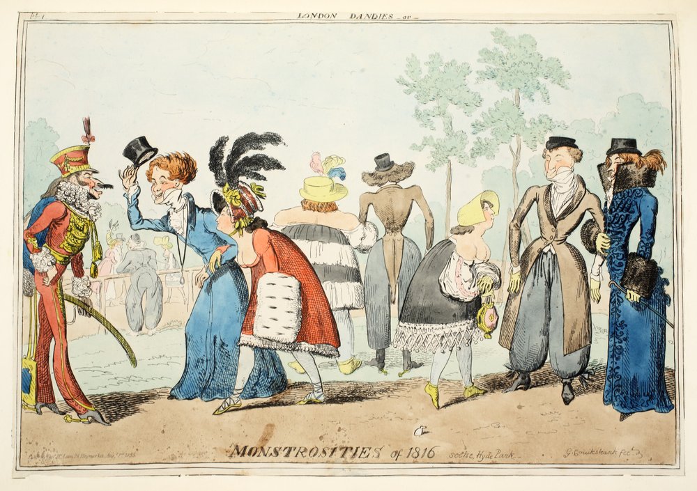 London Dandies or Monstrosities of 1815, Hyde Park, pub. 1835 (rycina ręcznie kolorowana) autorstwa George Cruikshank