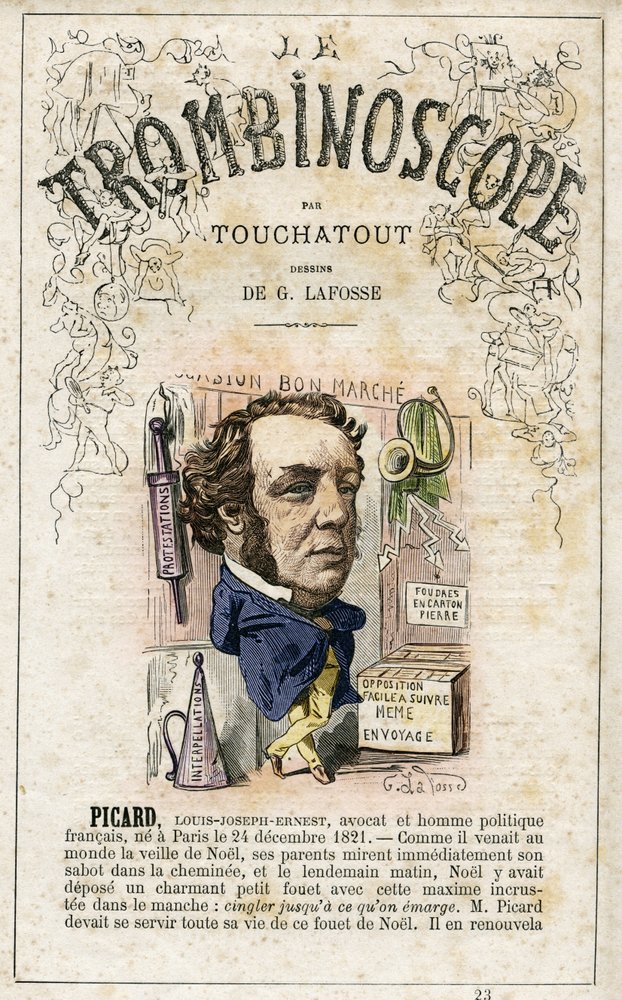 Ernest PICARD (1821-1877) - ilustracja z "Le Trombinoscope", satyrycznego czasopisma politycznego autorstwa Leona-Charlesa Bienvenu, znanego jako Touchatout (1835-1910), monografia nr 23, Imprimerie Vallee, Paryż, luty 1872 r. autorstwa Georges Lafosse