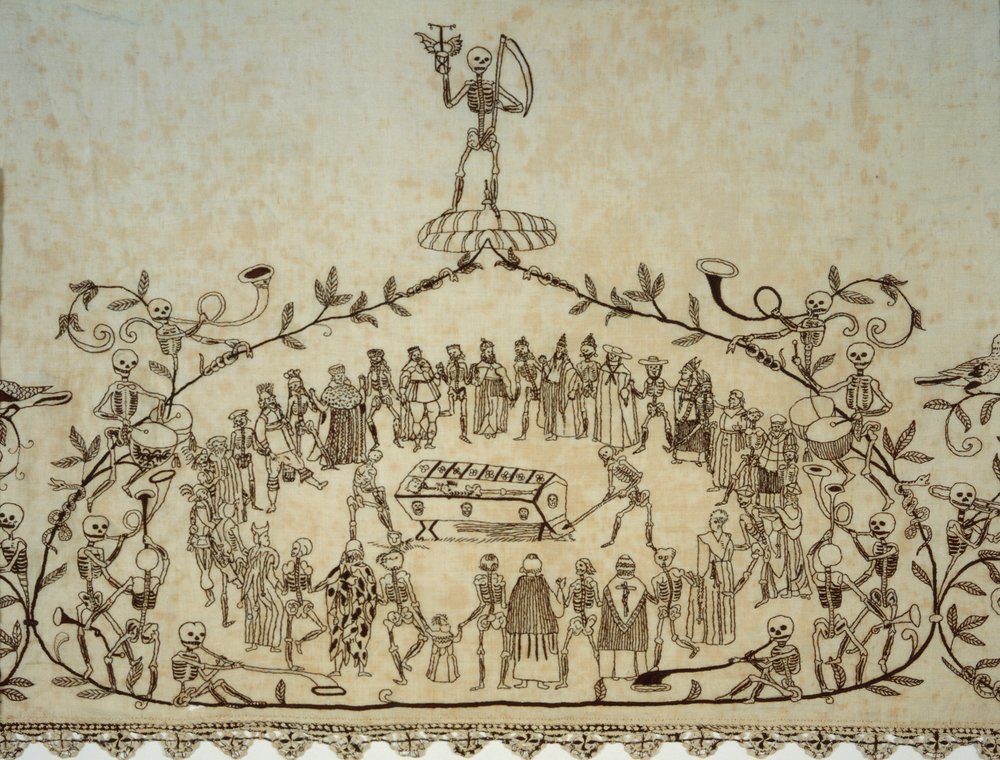 Fragment całunu Kassler Totentanztuch, 1635-37 (len, jedwab i koronka) autorstwa German School