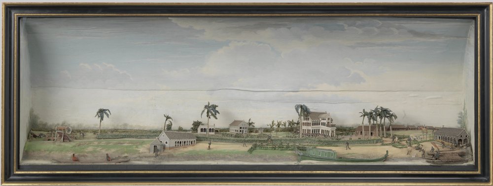 Diorama plantacji kawy i bawełny Zeezigt w Surinamie, ok. 1815-21 drewno i papier malowany autorstwa Gerrit Schouten