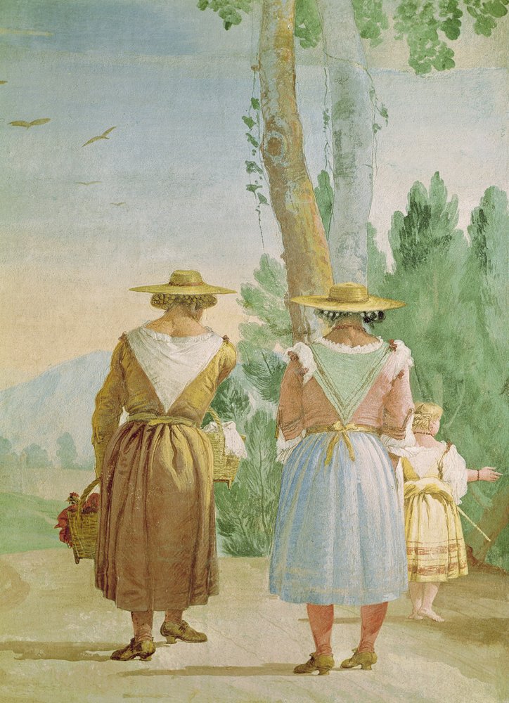 Dwie wieśniaczki i dziecko widziane z tyłu, z „Foresterii” (Pensjonat) 1757 autorstwa Giovanni Domenico Tiepolo