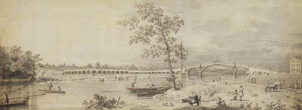 Old Walton Bridge widziany z Middlesex Shore, 1755 (pióro i atrament z praniem na papierze) autorstwa Giovanni Antonio Canal