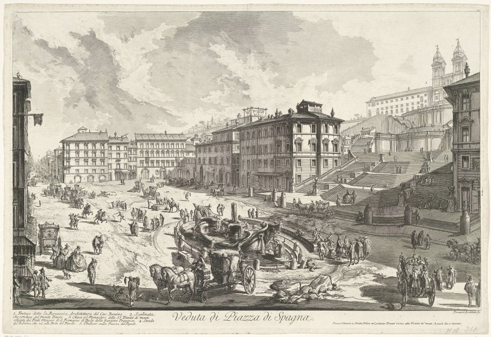 Schody Hiszpańskie w Rzymie Widok na Piazza di Spagna (tytuł na obiekcie) Gezichten op Rome (tytuł serii) Widoki Rzymu zaprojektowane i wyryte przez architekta Giambattistę Piranesiego Ve (nez) iano (tytuł serii) autorstwa Giovanni-Battista Piranesi