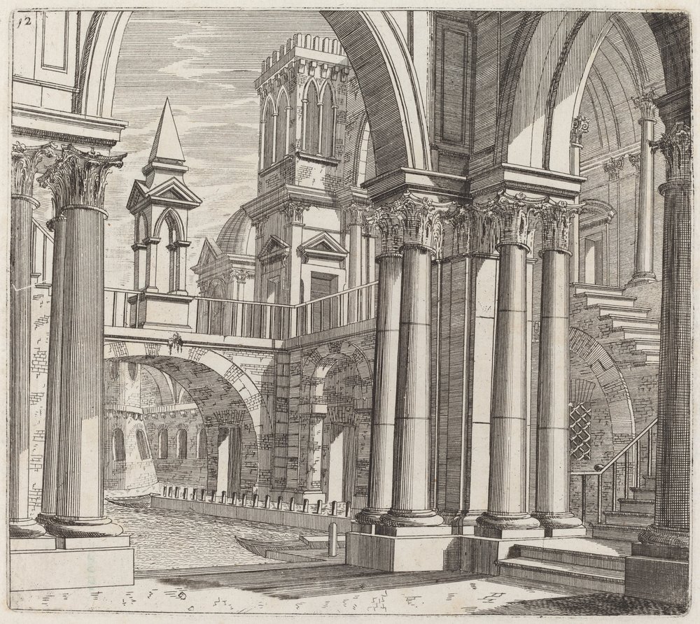 Fantazja architektoniczna z budynkami, schodami i portalami przy kanale autorstwa Giuseppe Antonio Landi