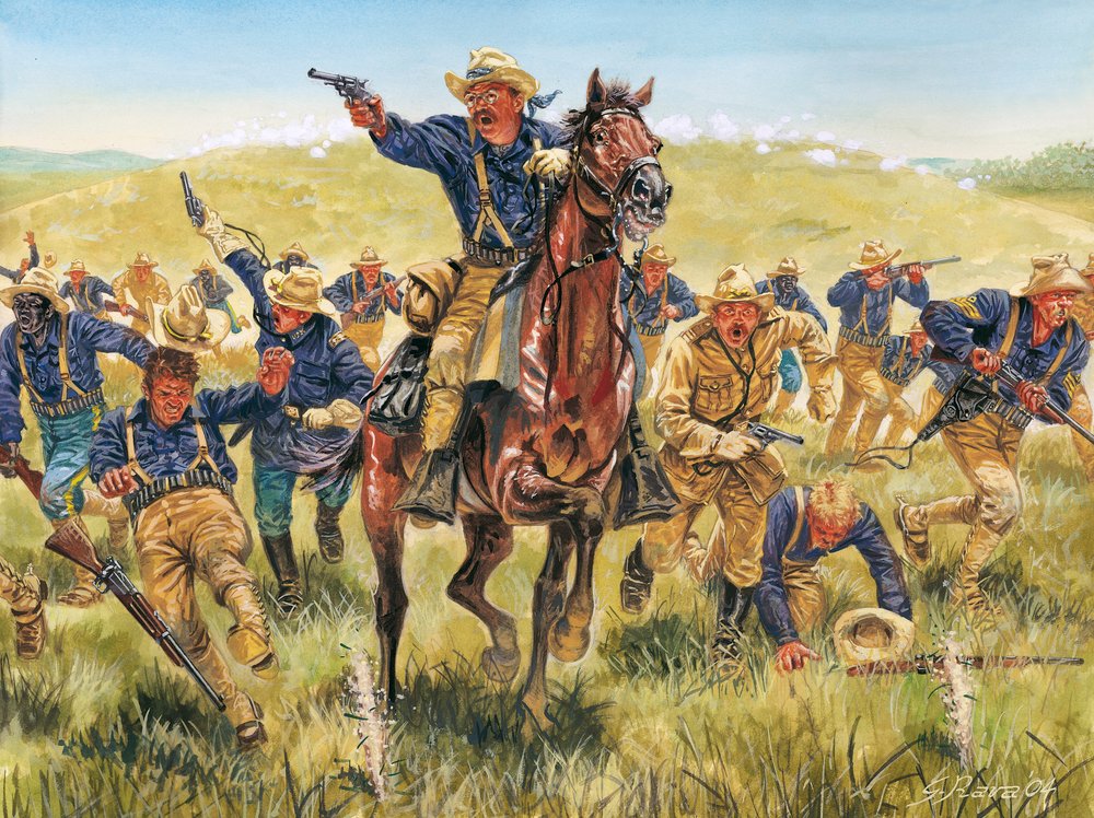 Wojna hiszpańsko-amerykańska albo kubańska wojna o niepodległość (1868-1898) między Hiszpanią a Ameryką Północną: portret amerykańskiego żołnierza i polityka Theodore’a Roosevelta (1858-1919) szarżującego z Rough Riders na Kubie - wojna autorstwa Giuseppe Rava