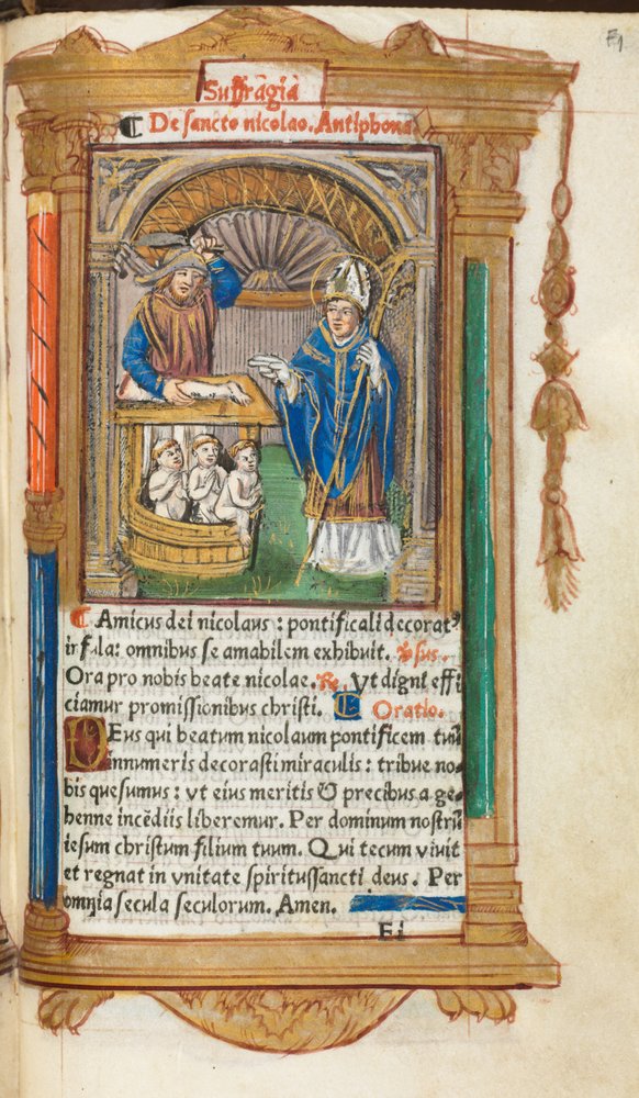 Drukowana księga godzin (do użytku rzymskiego): fol. 105r, św. Mikołaj autorstwa Guillaume Le Rouge