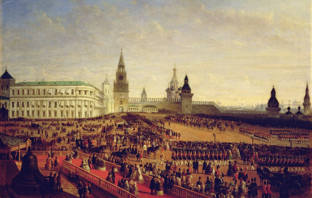 Parada wojskowa podczas koronacji Aleksandra II na Kremlu moskiewskim 18 lutego 1855, 1856 autorstwa Gustav Schwarz