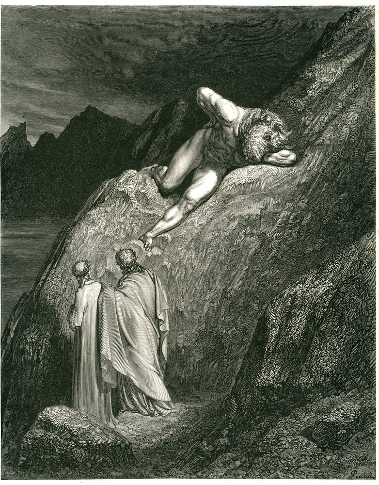 Dante i Wergiliusz spotykają Minotaura. Rycina z Piekła Dantego Alighieri (Boska komedia) ilustrowana przez Gustave