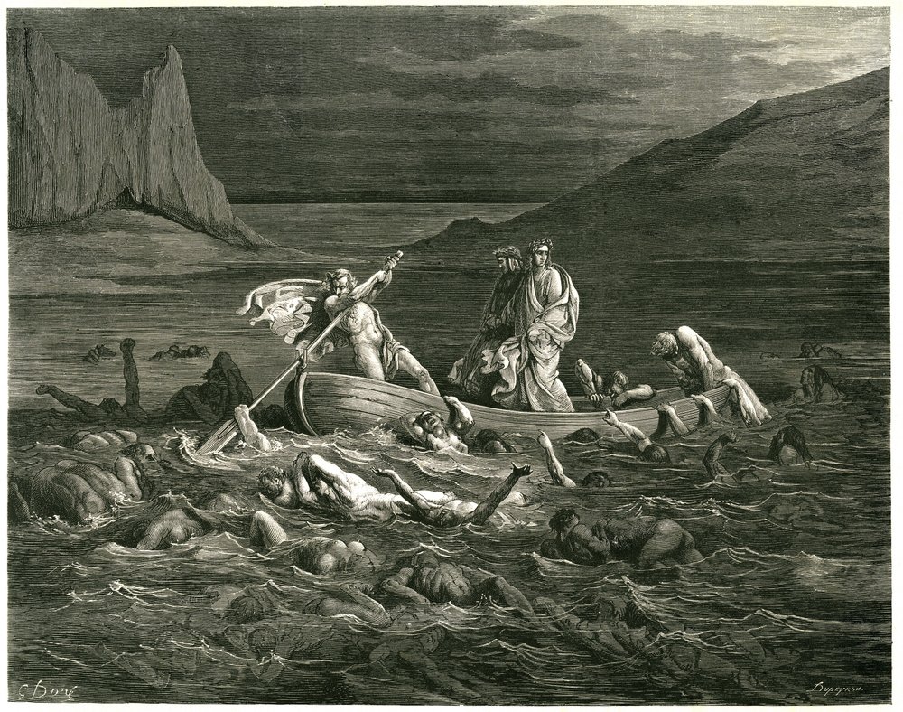 Dante i Wergiliusz płyną, prowadzeni przez Nochera Phlegyasa, po Styksie, w którym brodzą potępieńcy, którzy próbują wspiąć się do łodzi. Rycina z Piekła Dantego Alighieri (Boska komedia) zilustrowana przez Gustave