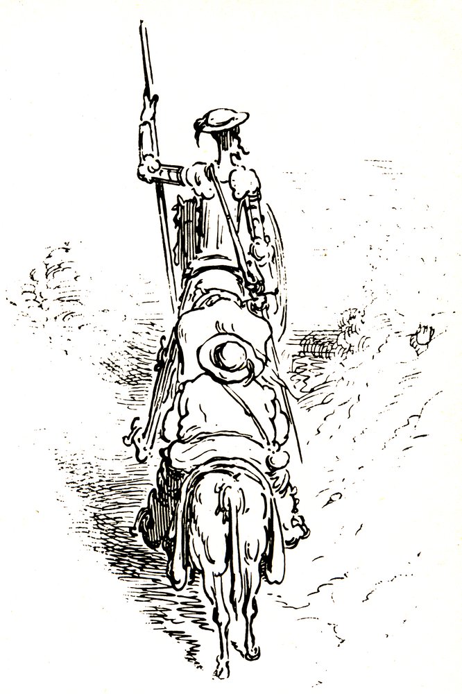 Don Kichot na koniu, za nim Sancho na ośle autorstwa Gustave Dore