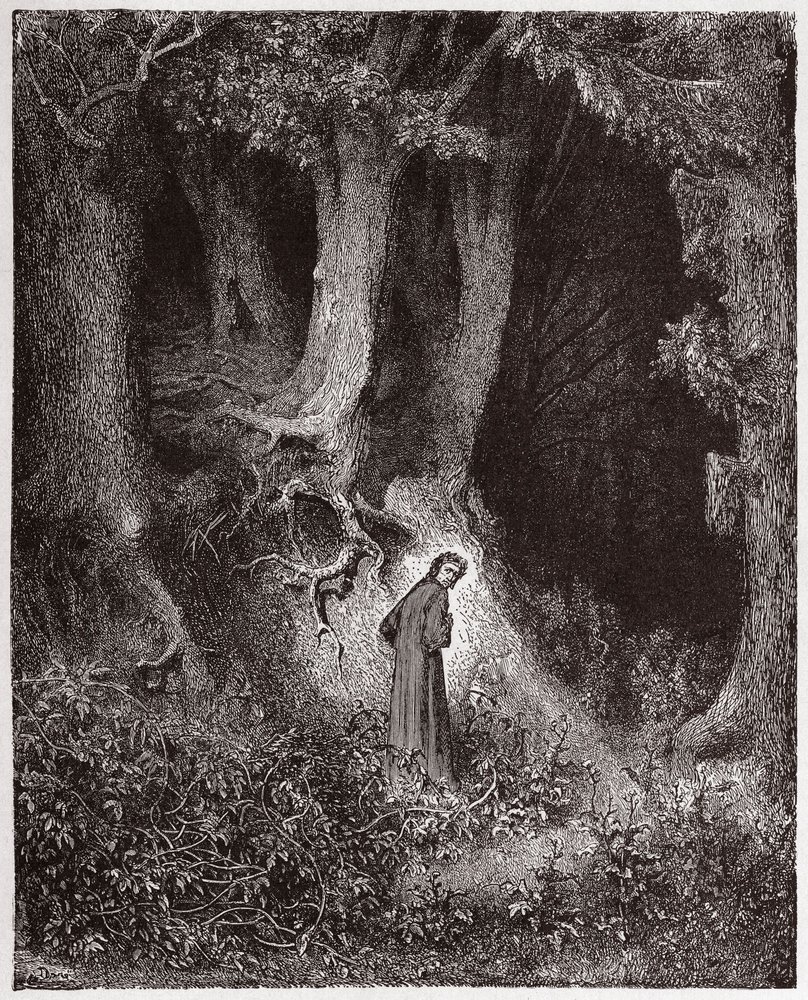 Boska Komedia (La Divina Commedia, La Divine Comedie), Inferno, Canto 1: Dante w dzikim lesie - autorstwa Dante Alighieri (1265-1321) - Ilustracja Gustave Dore (1832-1883) autorstwa Gustave Dore