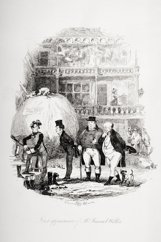 Pierwsze pojawienie się pana Samuela Wellera, ilustracja z „The Pickwick Papers” Charlesa Dickensa (1812-70) wydana w 1837 roku autorstwa Hablot Knight Browne