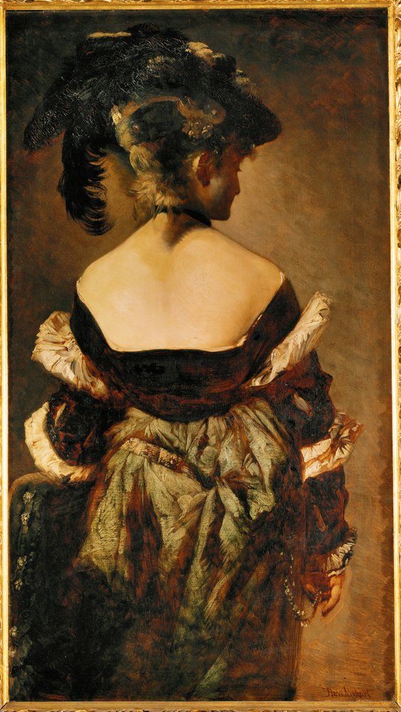 Portret damy w kapeluszu z piórami, widziany od tyłu (obraz na płótnie) autorstwa Hans Makart