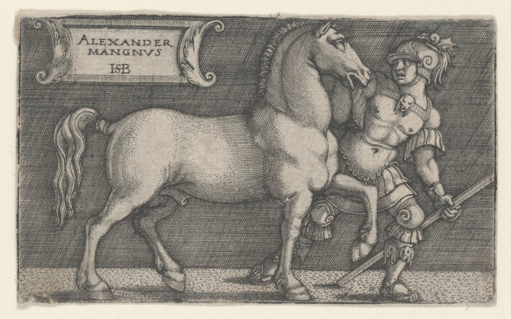Aleksander Wielki wiodący Bucefał, ok. 1531-1550 (rycina) autorstwa Hans Sebald Beham