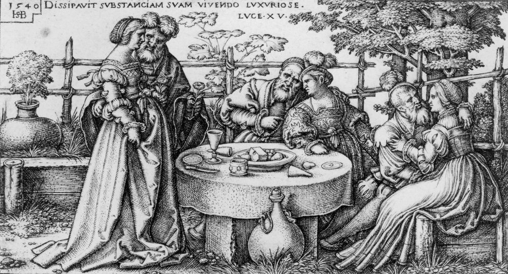 Syn marnotrawny trwoniący majątek, z serii "Historia syna marnotrawnego" autorstwa Hans Sebald Beham