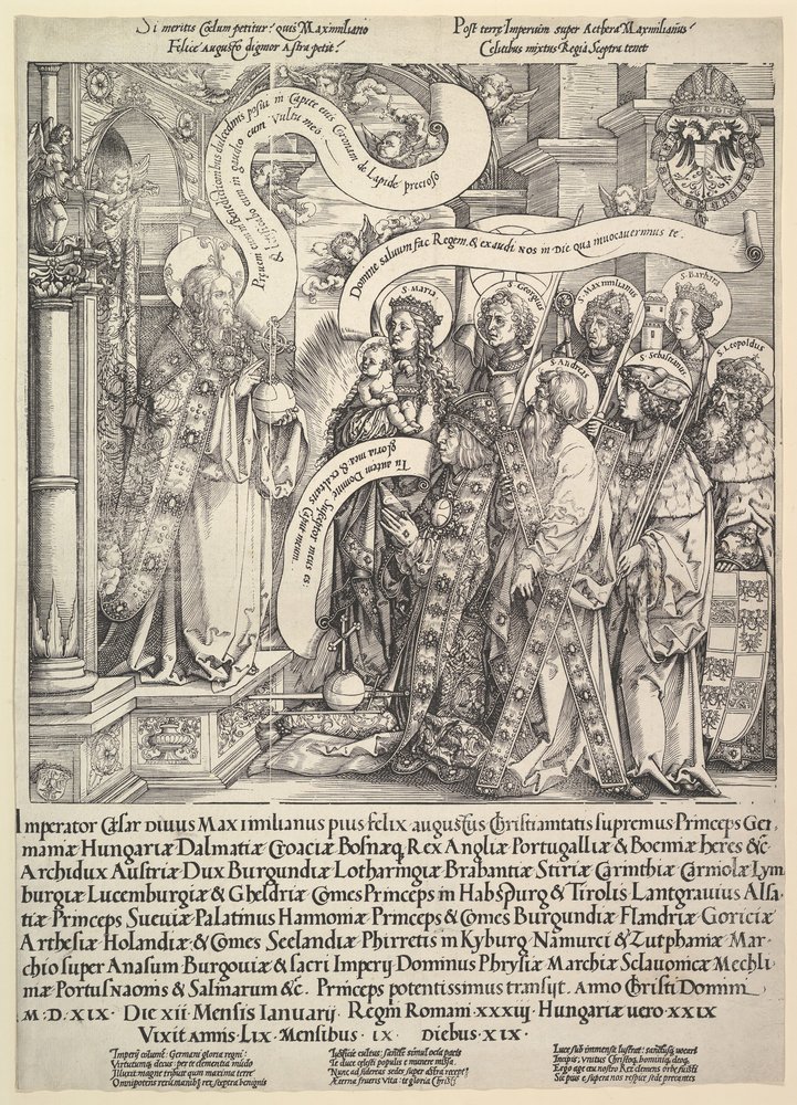 Maksymilian ofiarowany przez swoich świętych patronów Wszechmogącemu, 1519. autorstwa Hans Springinklee