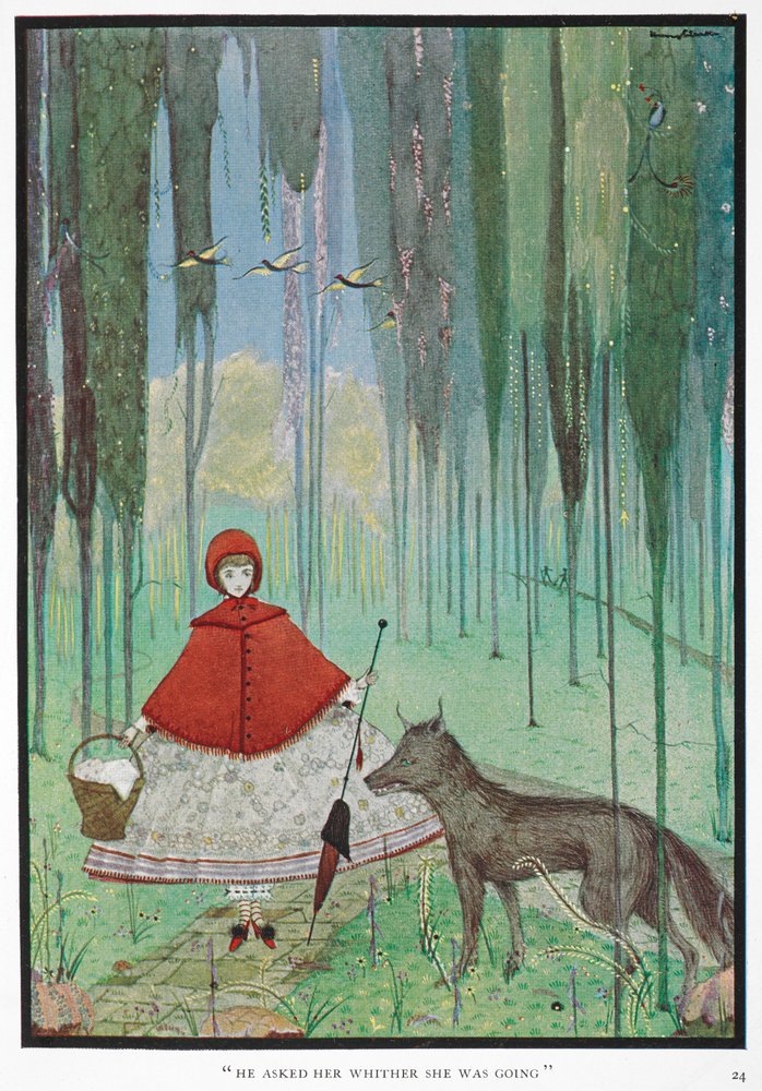 „Zapytał ją, dokąd idzie.” Czerwony Kapturek spotyka wilka w lesie. autorstwa Harry Clarke