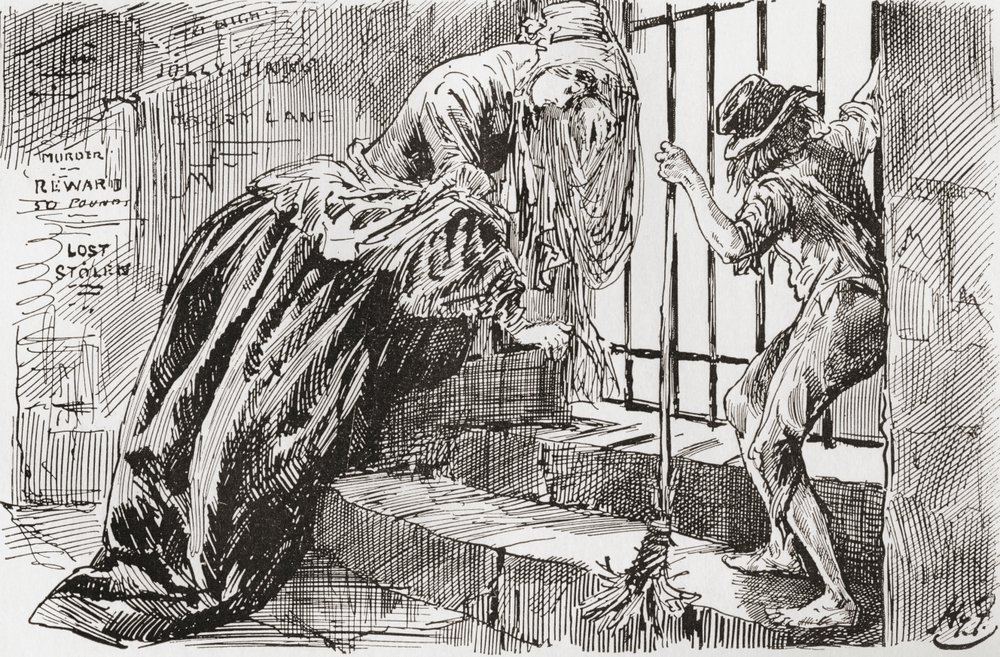 Lady Dedlock i Jo. „Został tam umieszczony”, mówi Jo, trzymając się krat i zaglądając do środka, podczas gdy Lady Dedlock kurczy się w kącie. Ilustracja Harry