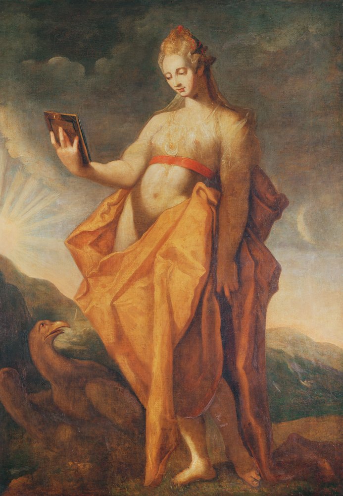 Leto, brzemienna z bliźniętami Artemidą i Apollinem, z orłem Zeusa u stóp autorstwa Hendrik Goltzius