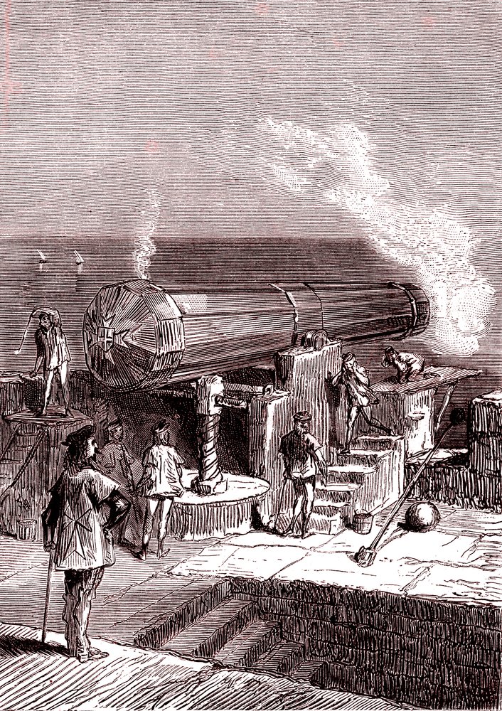 Gigantyczna armata na Malcie, grafika „Od Ziemi do Księżyca” Juliusza Verne’a autorstwa Henri de Montaut